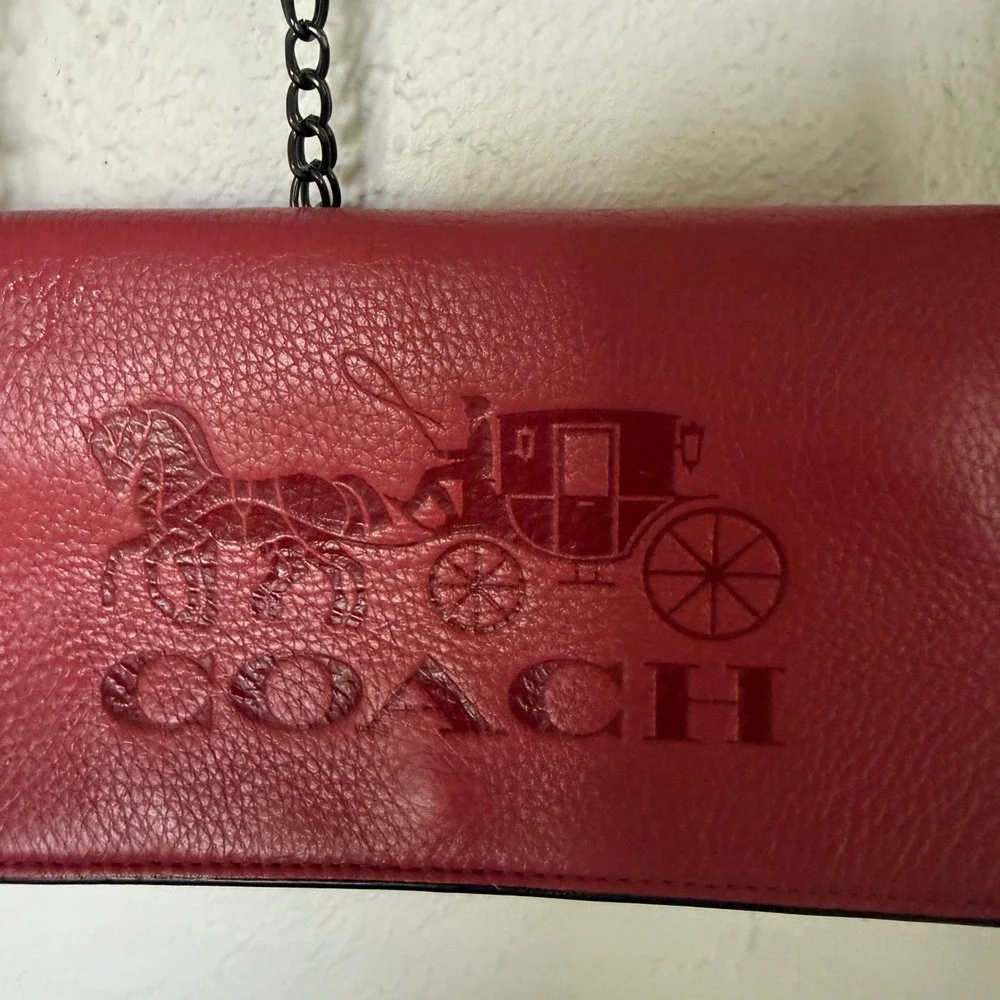 Coach Deep‎ Pink Anna Foldover Pebbled Leather Horse & Carriage Crossbody Clutch